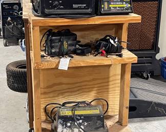 SCHUMACHER 200 AMP BATTERY CHARGER, SCHUMACHER 6 AMP BATTERY CHARGER, MARINE STARTER, BATTERY TENDER, ROLLING WOOD SHELF