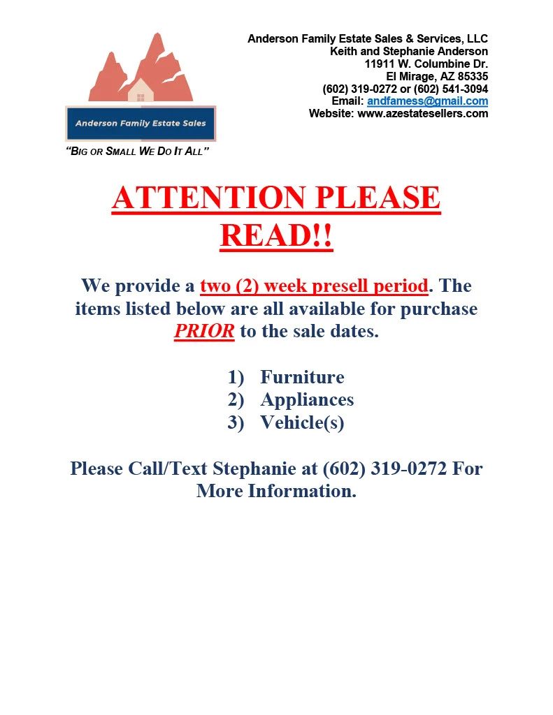 PRESELL NOTICE furniture appliance vehicles