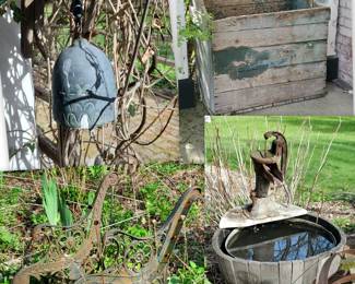 Primitive firewood box, hand pump fountain, metal hanging bell & iron bench ends