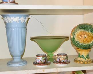 Wedgwood, Depression Glass, Kutani Japanese Tea Cups & Majolica piece