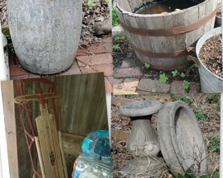 Cast modern planter, wood barrel half, Flexible Flyer sled & concrete bird bath
