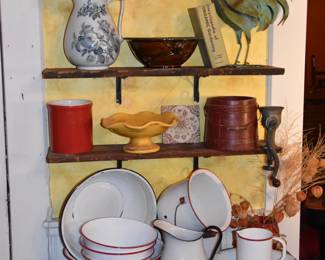 Enamelware, Metal Rooster, small Firkin bottom, Bowl w/Frog, Transferware Pitcher