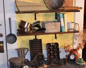 Cast Iron Muffin Pans, Tin Candle Mold and Other pcs., Cutting Board, Rolling Pin & Utensils