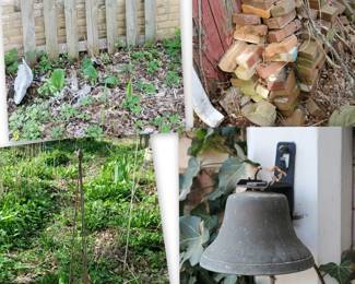 Wood fence section & loose bricks, a steel plant support stand and small metal bell
