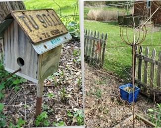 birdhouse with license plate roof & metal wire scarecrow