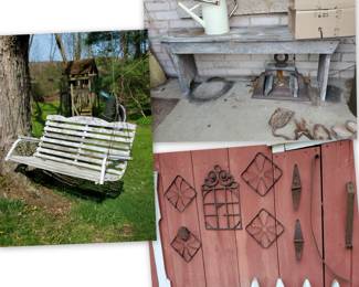 wood tree swing, primitive bench & cast metal wall hanging pcs.