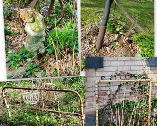 concrete statue & hand plaow (both rough) . . . . metal headboard & fence gate