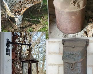 cast iron bench, old tin can, hanging candle lantern & Phoenix No. 2 cast iron mailbox