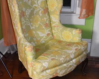 Nice Queen Anne tall-back wingback chair with floral pattern fabric.