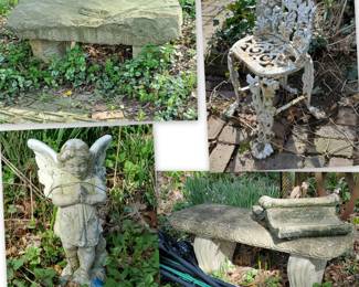 cut sandstone garden seat, cast iron chair, concrete angel & formed concrete bench and pagoda roof