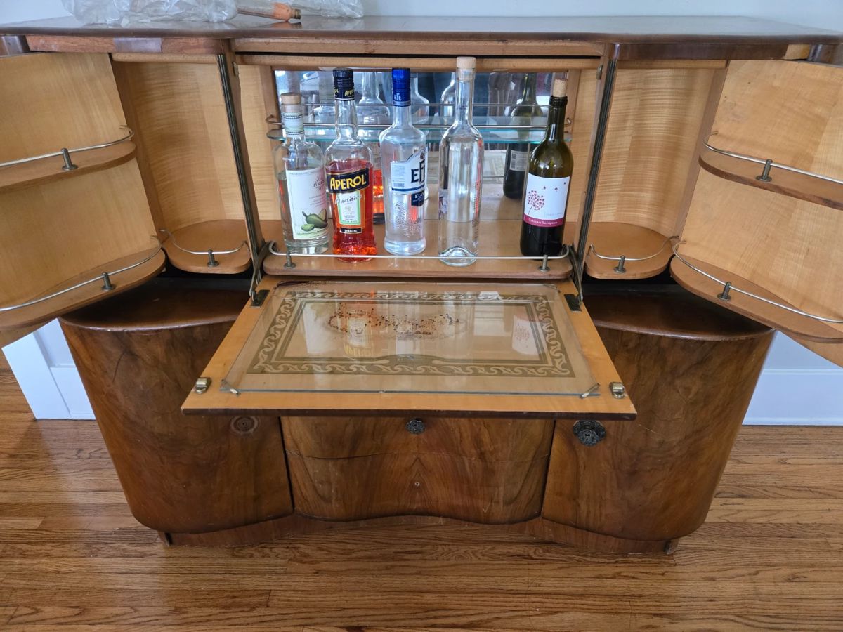 Beautility Art Deco Cocktail Cabinet Sideboard is 51" wide x 42" tall x 20"/30" deep is available now
