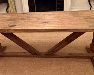 This custom dining room table is cut to 103" length, 3 feet wide, and 31" height, it comfortably seats 8 and can seat up to 12.