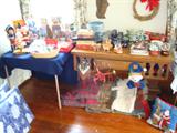 THE VINTAGE TABLE UNDER ALL THE GOODIES IS IN GREAT CONDITION AND COULD BE USED IN A ROOM AS SOFA TABLE OR AN ENTRY TABLE O WHATEVER YOU CHOOSE