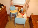 VINTAGE DOLL BED AND HI-CHAIR. METAL GOOD CONDITION.