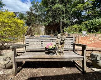 Teak Bench, cherub statue, planters....