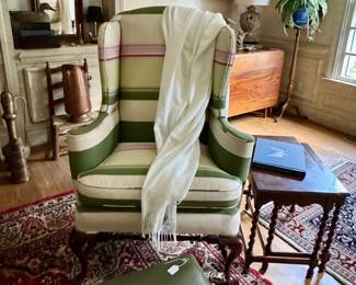 Custom covered wingback in a fun green and pink stripe