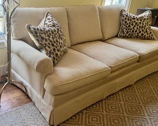 Like New sofa with custom pillows. Large 12- x 9 seagrass in diamond pattern. Gilt floor lamps.