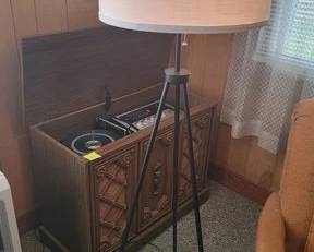 Modern floor lamp and vintage Montgomery Ward stereo