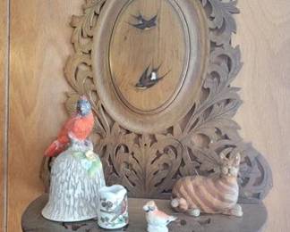 Carved wood and inlaid wall shelf