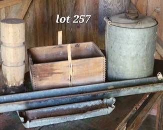 Chicken feeders, antique wood box and gas can