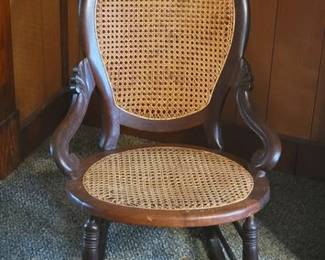 Victorian walnut carved cane seat ladies rocker