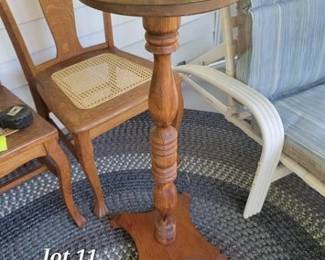 Vintage wood plant stand, antique oak chairs, resin patio lounge chaise with cushion