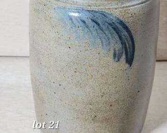 Salt glazed antique crock with dropped feather design