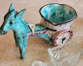 Vintage pottery donkey cart planter
