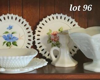 Hand painted milk glass plates and various other milk glass pieces