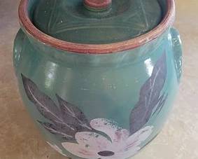 Antique crock cookie jar with painted florals