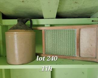 Glass and wood washboard and antique jug