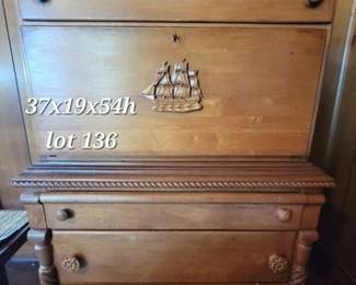 Maple fold down desk with detailed nautical details, has matching chair