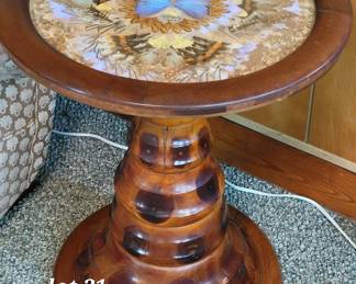 Circa 1920-1940 Brazilian monkey puzzle wood side table with butterflies specimens on top