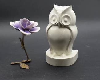 misc lot of owl figurine and purple flower on metal stand