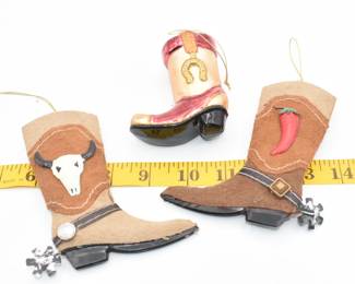 lot of 3 cowboy boot Christmas ornaments