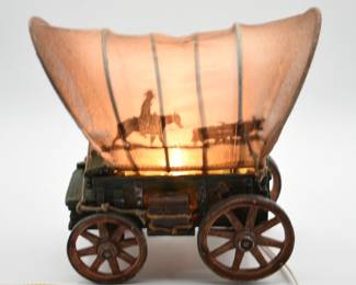 Western wood looking covered wagon lamp
