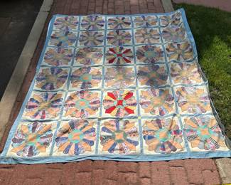 D55 - $75. Hand Pieced Quilt Top or Coverlet (no backing - unfinished) See Tape Measure on ground for an idea of size. See Tape Measure on ground for an idea of size.