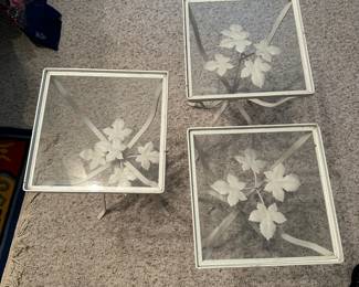 D147 - $60. Set of 3 Small Glass Top Patio Tables.