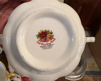 D80 - $150. Old Country Roses Royal Albert Bone China. 8 Tea Cups & Saucers, 2 Coffee Cups, 2 Demitasse Cups & Saucers, Soup Bowl & Saucer, 7 salad plates, 8 dessert plates, Creamer, 3 tiered tray. Old Country Roses Royal Albert Bone China.