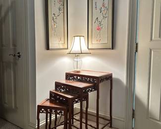 D29 - $225. Set of 4 Carved Nesting Tables. (I believe they are Rosewood) Largest Measures 19" x 14" x 28" tall. Top 3 have glass on top.