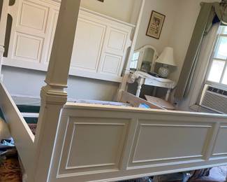 D14 - $125. White 4 Poster Bed - no mattress available. Damage on one post - see photo.