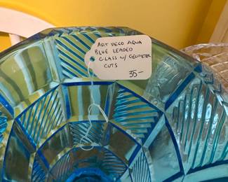 D125 - $35. Art Deco Aqua Blue Leaded Glass Vase with Geometric Cuts.