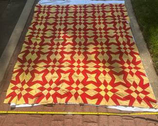 D57 - $75. Hand Pieced Quilt Top or Coverlet (no backing - unfinished) Bright colors! See Tape Measure on ground for an idea of size. This quilt does need some minor repairs on some pieces where the stitching is coming out.