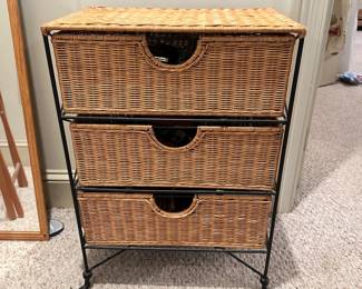 D45 - $35. Wicker Drawers. Measures 18" wide x 12" deep x 26" tall. Has been used as office storage.