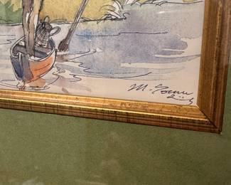 D148 - $40. Back Water, Kerala. Framed painting measures Measures 17" x 14.5".