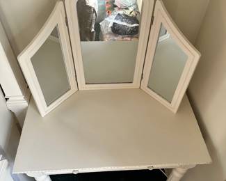 D35 - $65. Small Wooden White Vanity with Mirror. Measures 32" wide x 18" deep x 30" tall (without mirror) 51" tall with mirror.