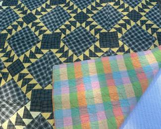 D62 - $85. Hand Pieced Quilt in Good Vintage Condition. See Tape Measure on ground for an idea of size. Back of quilt fabric.