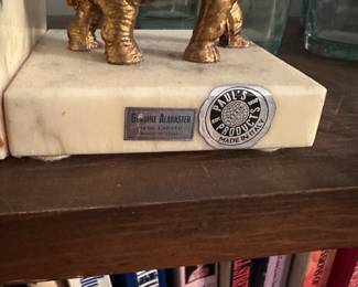 D170 - $50. PAIR of Brass Elephant Bookends with Trunks Up. Alabaster Bases.