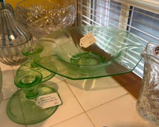 D123 - $50. Uranium Glass Footed Bowl. $25 PAIR of Candlestick Holders