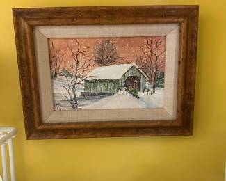 D167 - $35. Small Original Covered Bridge Painting signed Hart.